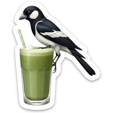  ONE Australien Magpie (just black and white feathers) sitting on an iced matcha latte on the edge of the glass. magpie has green matcha on its beak. matxha latte is in a see through glass and white from the oat milk on the bottom and green without seeds on top… one straw & ice cubes sticker