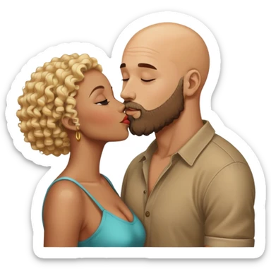 bald head man with beard kissing African woman with curly blonde hair sticker