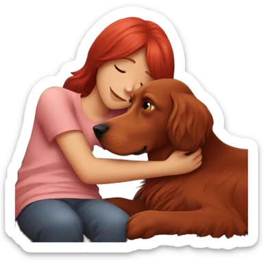 Girl cuddling with red setter on couch sticker