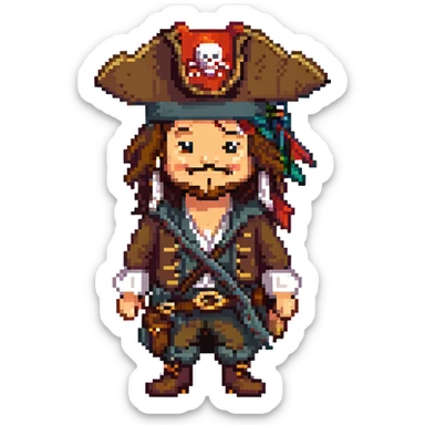 Make Jack Sparrow smile with a cheerful expression, keeping the pixel art pirate style, simplified outfit, tricorn hat, and signature beard. Maintain the pixel art style and simplified details. sticker