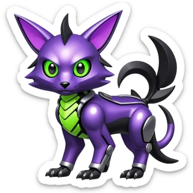 Futuristic modern mechanical badass cool shiny metallic alloy black-obsidian purple neon-green white lime animal hybrid Fakemon full body sticker