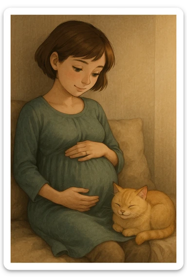 A pregnant girl with short brown hair and green eyes, sitting with a blonde cat curled up beside her. The girl is touching her belly and the cat is purring. sticker