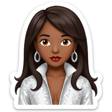 Chilli from TLC with dark skin, long dark brown hair, white sequin outfit sticker