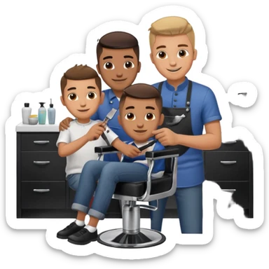 Barber cutting teenage boys hair. Show the boy sat in black barber chair and both having smiles on their faces sticker