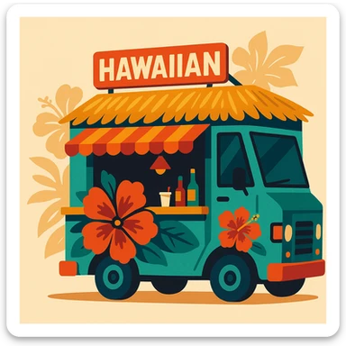 flat toon style Hawaiian food truck with bold colors and hibiscus accents sticker