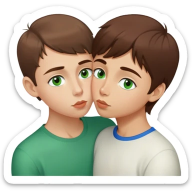 A girl with brown hair, blue eyes and thin lips kisses a Russian boy with short hair and green eyes sticker