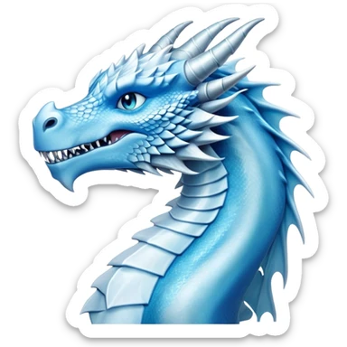 Cinematic Noble elegant Ice Dragon Portrait Emoji, Poised and imposing, distinct long elegant snout, with a slender, scaled body shimmering in glacial hues of icy blue, frostbitten silver, and crystalline white, breathing out frost, with piercing, glowing ice blue white eyes that radiate the chilling depths of an arctic storm; rendered in detail. sticker