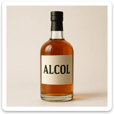 photo realistic bottle of alcohol on light background with the word 'alcol' in Italian sticker