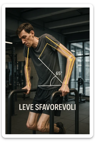 a tall, lean man with very long arms and a short torso attempts a dip on parallel bars. His elbows are deeply bent and his body appears awkwardly positioned, highlighting the mechanical disadvantage. An overlay shows anatomical lines and angles, with labels explaining “Leve Sfavorevoli” The background is a modern gym, with a focus on biomechanics. in italiano sticker