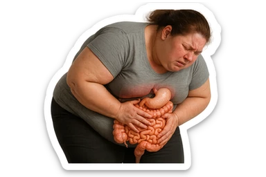 DONNA OBESA PIEGATA IN AVANTI CON INTESTINO ANATOMICO IN EVIDENZA, MAL DI PANCIA iperrealistico 4k sticker