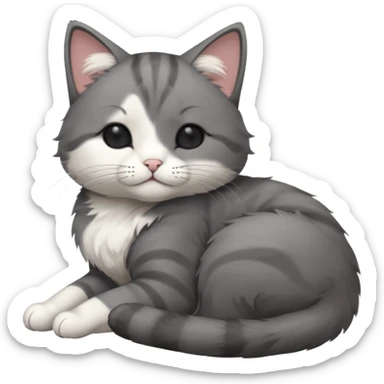 dark grey and white small cat with his eyes closed, leaning his head on his paw while leaning on his elbow lying down sticker