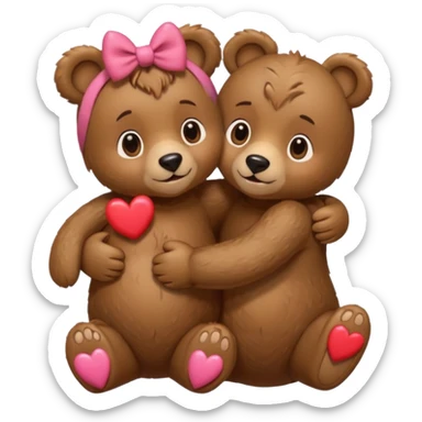 female bear with bow on her head and male bear hugging, couple, surrounded by hearts, playful and loving, cute, same height  sticker