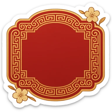 eastern style plaque for post signature, only red and gold colors, with traditional Chinese pattern, minimal peach blossom accent, no text, 512x256px sticker
