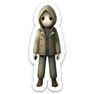An icon depicting a dark, foggy street with eerie, abandoned buildings, inspired by Silent Hill 2. The design features a mysterious figure holding a flashlight, casting long shadows. A chilling atmosphere is created by dim lighting and unsettling details. Transparent background. sticker