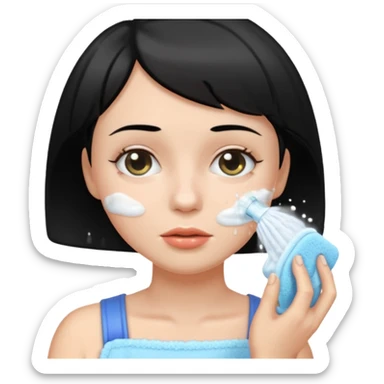 a white woman who has black short hair cleaning her face sticker