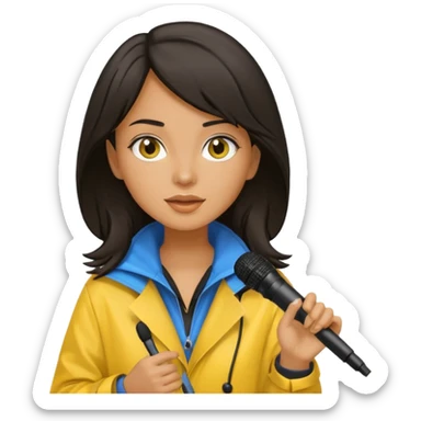 dark haired woman with rain coat and microphone sticker