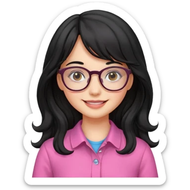 Please generate a portrait of a pretty girl with long, wavy, black hair. She's smiling. She also wears a middle parting and bangs. with glasses pink clothing sticker