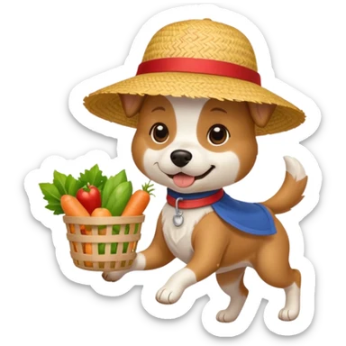 A dog running a Asian grocery store with a straw hat sticker