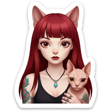 girl with long dark red straight bangs hair and tattoos and a Sphynx sticker