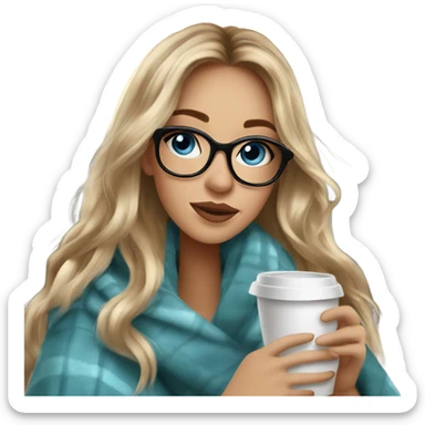 Balayage hair Girl drinking coffee, with a cozy blanket wearing glasses with blue eyes beautiful  sticker