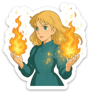 blonde woman with green eyes, fireballs in her hands, magical sparkles and glowing runes, ghibli style sticker