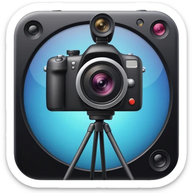 Emoji of a photo camera on a tripod, iPhone emoji style. Flat design, smooth gradients, rounded edges, soft shadows, clean look, white background sticker