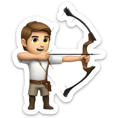a male archer aiming with a bow looking at his target, wearing a white shirt, brown hair, bright skin, sticker