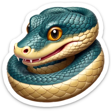 Cinematic Comical Chinese Water Snake Portrait Emoji, Head tilted dramatically with an exaggeratedly amused expression, featuring a striking, glossy scaled body with bold patterns and wide, expressive eyes filled with playful disbelief, Simplified yet hilariously expressive features, highly detailed, glowing with a slightly sassy aquatic glow, high shine, dramatic yet playful, stylized with an air of cheeky water mischief, soft glowing outline, capturing the essence of a spirited and over-the-top water snake that feels like it could slither its way into internet fame instantly! sticker