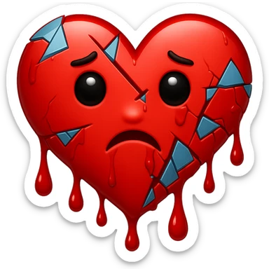 A shattered heart emoji, broken into many small, irregular fragments, conveying a feeling of heartbreak, dripping blood, in the style of Apple emoji. sticker