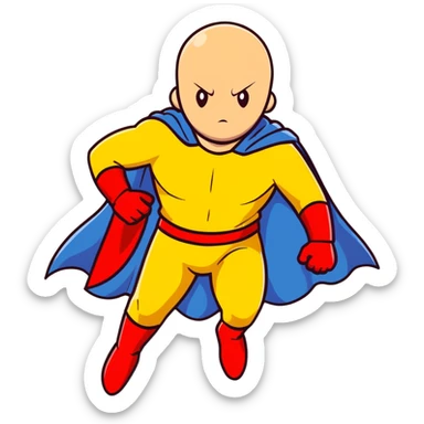 Saitama from One Punch Man, bald head, blank expression, yellow hero suit with white cape, red gloves sticker
