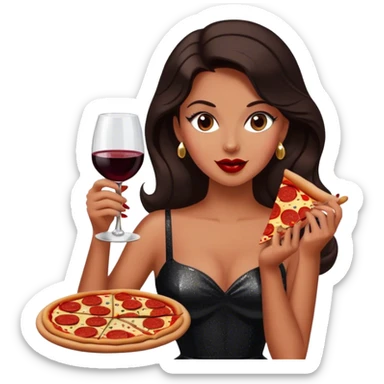 Beautiful woman in 1950’s woman fashion look, black shimmery dress, long dark brown hair, red wine, Pepperoni pizza sticker