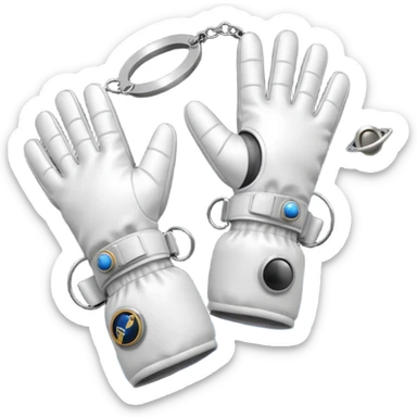 white pressurized astronaut gloves with metal wrist rings floating in space, 3D emoji style sticker