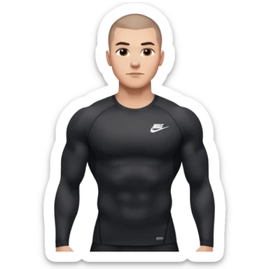 Big muscle man shouting , buzzcut hair, waering compress black shirt nike sticker