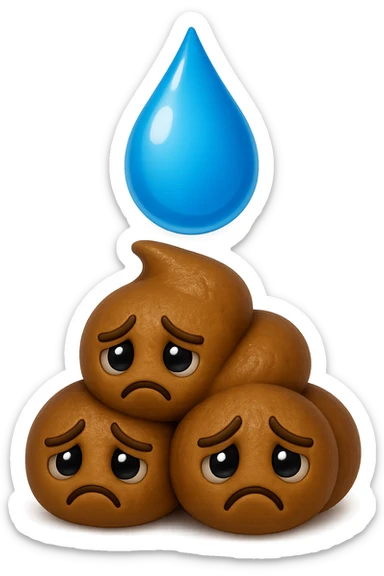 emoji stile iphone di una montagnetta di feci umane realistiche a palline tristi con sopra un simbolo delle gocce di acqua, iperrealistico 4k sticker