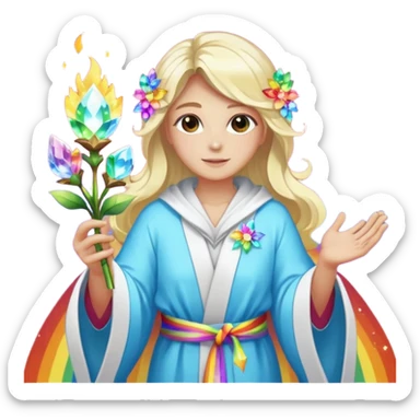 a being made of light of light with a robe on made of light and who is lanky holding a bouquet of crystal flowers on rainbow fire sticker