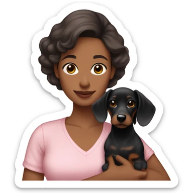 a brunette woman in a light pink shirt, with light skin, holding black dachshund puppy in her arms sticker
