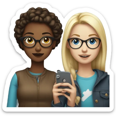 blonde girl with glasses and blue eyes posing with brunette girl fir a selfie sticker