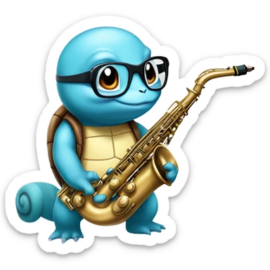 Squirtle from Pokemon with glasses and a saxophone sticker