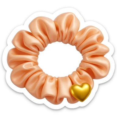 Add a small gold heart charm to the pastel pink silky scrunchie, keep the 3D emoji style and shimmer effect. The style is 3D emoji with a shiny, smooth, and realistic look. Remove the background. sticker