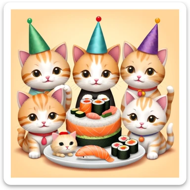 Nine kitties enjoying sushi birthday feast sticker