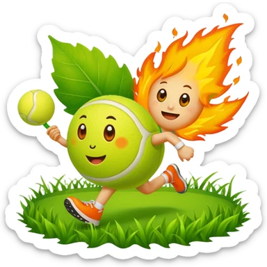 cartoon characters from bfdi, including a leaf, fire, and tennis ball, happily running in a grassy field sticker