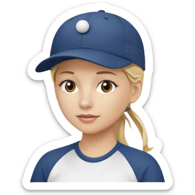 blond woman, pony tail, ball cap sticker
