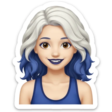 woman with wavy long white hair and brown eyes. She has dark blue lipstick. smiling in a grunge tanktop sticker