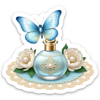 A delicate glass perfume bottle with an iridescent pearl finish rests on a vintage lace doily. A pale blue butterfly flutters nearby, its shimmering wings catching the soft golden light. Scattered white peony petals and a string of pearls add a touch of timeless elegance. sticker