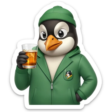 head and shoulders portrait of a friendly anthropomorphised penguin wearing a green mafia-style tracksuit, angry intense brooding expression, holding a glass of whiskey sticker