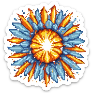 Bomberman explosion center tile animation frame 1, slightly smaller bright fiery explosion core, yellows and oranges, clean pixel art edges, beginning of explosion sticker