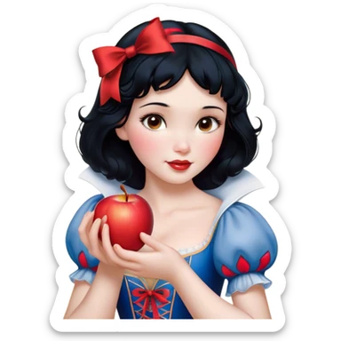 Cinematic Realistic Snow White Portrait, depicted with lifelike skin texture, soft natural lighting, and intricately detailed black hair styled with a red ribbon. Her soft brown eyes radiate innocence and kindness, complemented by a warm, gentle smile. She holds an apple in one hand, her other hand resting against her cheek, embodying her purity and charm. She is dressed in her classic yellow, blue, and red gown, the fabric rich in texture with delicate folds that catch the light beautifully. The portrait features a soft, natural glow with a radiant finish, capturing the essence of timeless beauty in a realistic and painterly style. sticker
