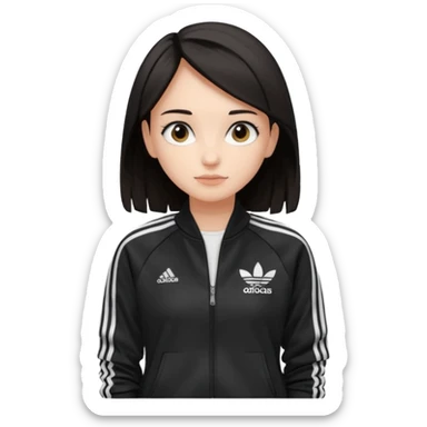 A girl with  medium-length, dark hair, fair skin. The style is a soft, layered cut that falls around her shoulders. wore black Adidas track jacket with white stripes on the sleeves. It has a full zipper down the front, a stand-up collar, and the Adidas logo on the right chest emoji sticker