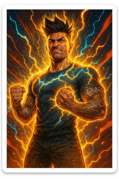 a man with a chiseled physique and wild, upward hair stands center stage, fists clenched and chest out. A radiant, electric aura envelops him, with energy lines and glowing effects highlighting his strength and masculinity. His face shows determination and pride, and the background features explosive, dynamic patterns. sticker