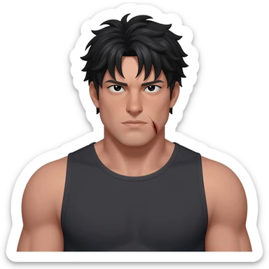 hombre alto y muy musculoso, cabello negro corto y algo despeinado, ojos pequeños y afilados con mirada fría. Cicatriz marcada en la comisura de la boca. Vestimenta simple y oscura que resalta su complexión fuerte. sticker